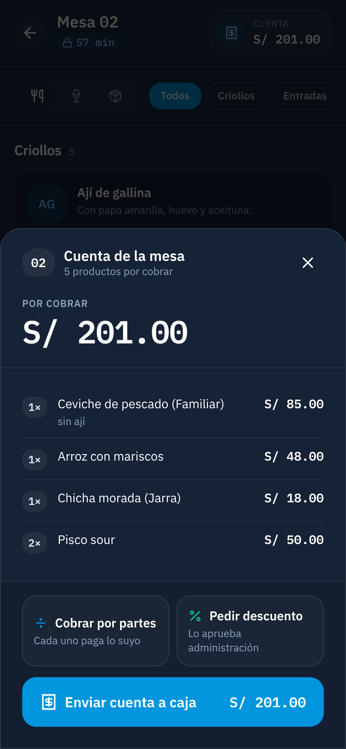 Vista del mozo: cuenta de la mesa 02 por S/ 201.00 con botones para cobrar por partes, pedir descuento y enviar a caja